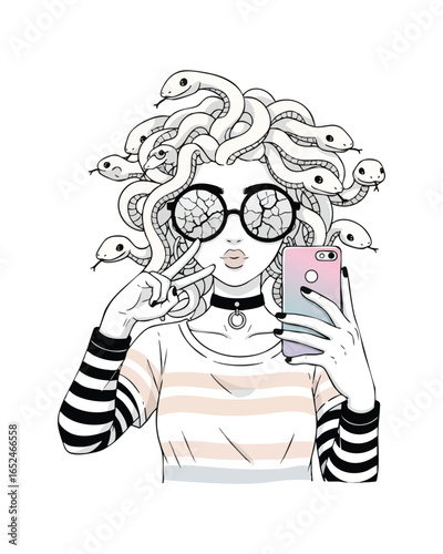 Modern Medusa Selfie with Snakes Broken Glasses and Peace Sign.