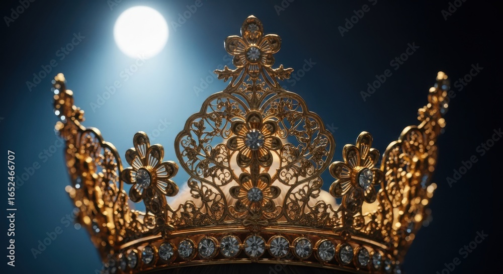 Obraz premium Majestic Golden Crown Illuminated by Spotlight Against Dark Blue Background