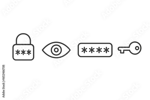 Password security icons: lock, eye, asterisk, key symbols for data protection