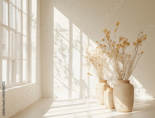 Sunlit Room with Dried Plants in Neutral Vases