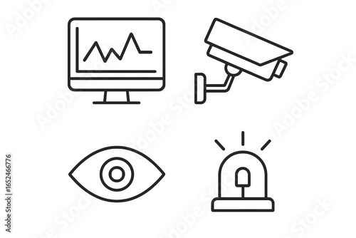 Surveillance and security: camera, monitor, eye, alarm icons line art