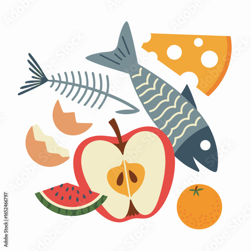 Flat illustration of assorted food items and fish skeleton fruit cheese