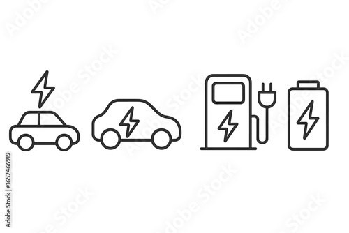 Electric vehicles and charging station icon set with energy symbols