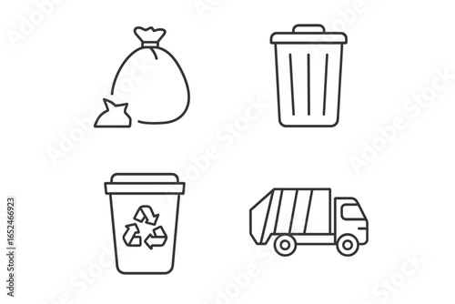Waste management icons: garbage bag, trash can, recycling bin, garbage truck