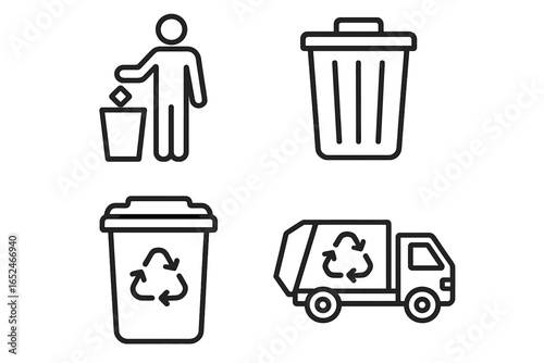 Waste management icons: trash bin, recycling symbol, garbage truck, litter