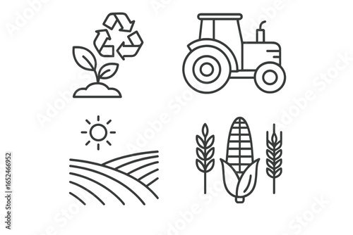 Sustainable agriculture icons: tractor, crops, recycling symbol, farm landscape