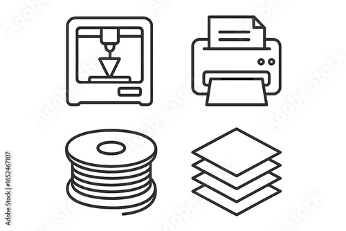 Line icons of 3d printer, paper printer, filament spool, and sheets of paper