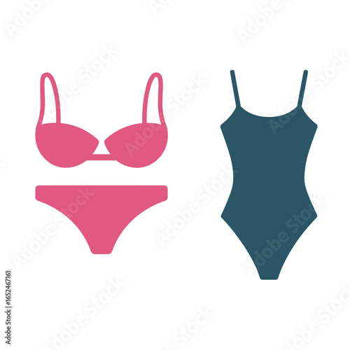 Pink bikini and teal one piece swimsuit flat illustration swimwear beachwear