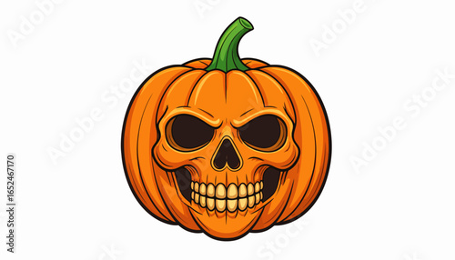 Scary Jack-o'-lantern Pumpkin Carved with Skull Face on Isolated White Background