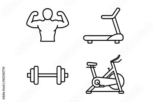 Fitness equipment icons: dumbbell, exercise bike, treadmill, flexing pose