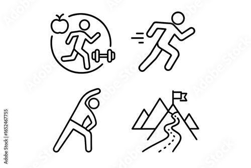 Fitness and exercise icons: running, stretching, healthy lifestyle, mountain hiking