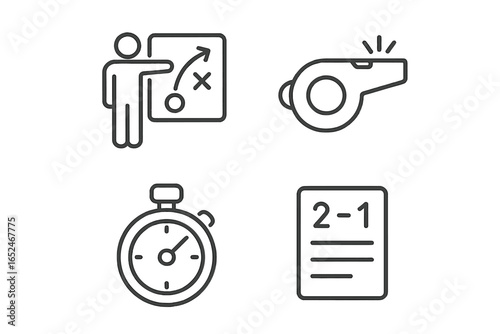 Sports strategy icons: whistle, stopwatch, game plan, score sheet
