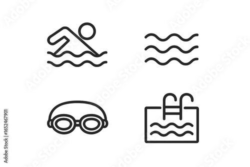 Swimming icon set: swimmer, waves, goggles, pool