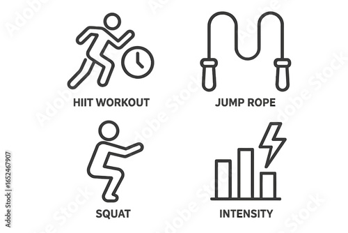 High-intensity interval training symbols: running, jump rope, squat, intensity