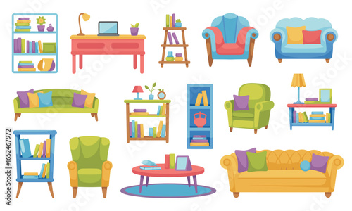 Collection of cartoon furniture and home decor items on a white background sofa armchair