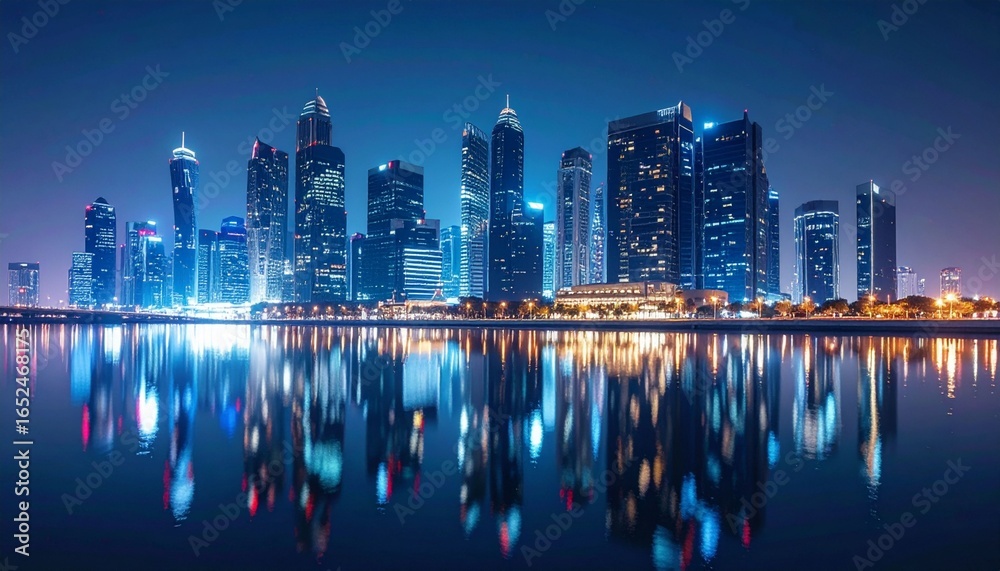 Fototapeta premium with tall skyscrapers and sparkling city lights, perfectly reflected on the calm water surface. The dynamic city atmosphere and the luxury of modern architecture are clearly visible in