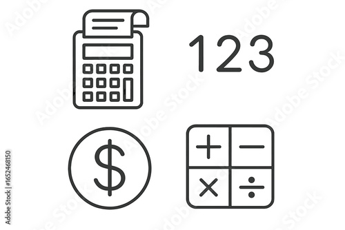 Basic math icons with calculator, numbers, dollar sign, and arithmetic symbols