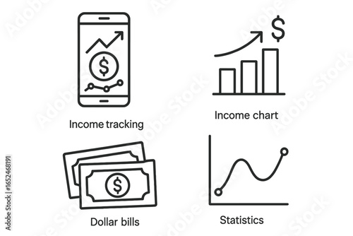 Financial tracking icons: income tracking, chart, dollar bills, statistics