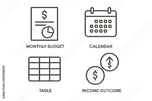Financial planning icons: monthly budget, calendar, table, income and outcome