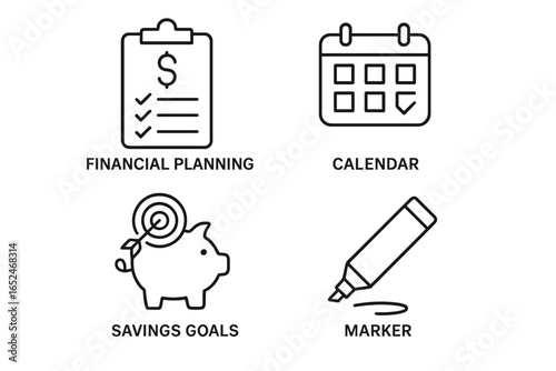 Financial planning essentials: calendar, savings goals, and marker icons