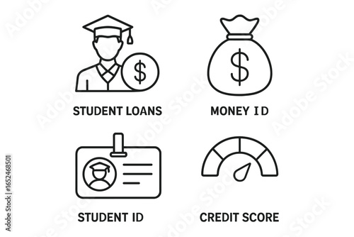 Icons representing student loans, money management, student id, and credit score