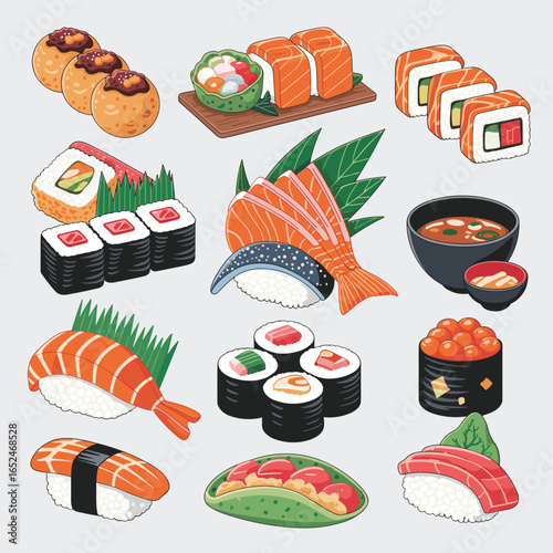 Assortment of Japanese Sushi and Sashimi Dishes with Miso Soup salmon tuna
