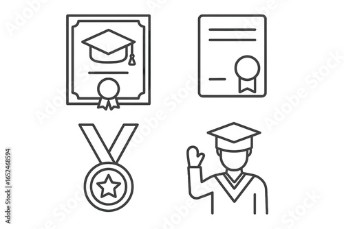 Graduation icons: diploma certificate, medal, graduate figure wearing cap, academic achievement symbols