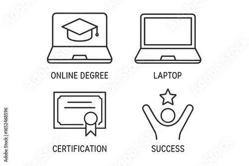 Online education concepts: laptop, degree, certification, success icon set