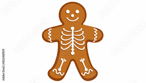 Cute gingerbread man cookie with white skeleton bone design, isolated on white background.