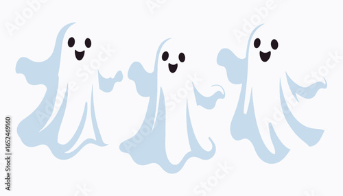Group of Three Cute and Friendly Happy Ghosts Floating Together on an Isolated White Background