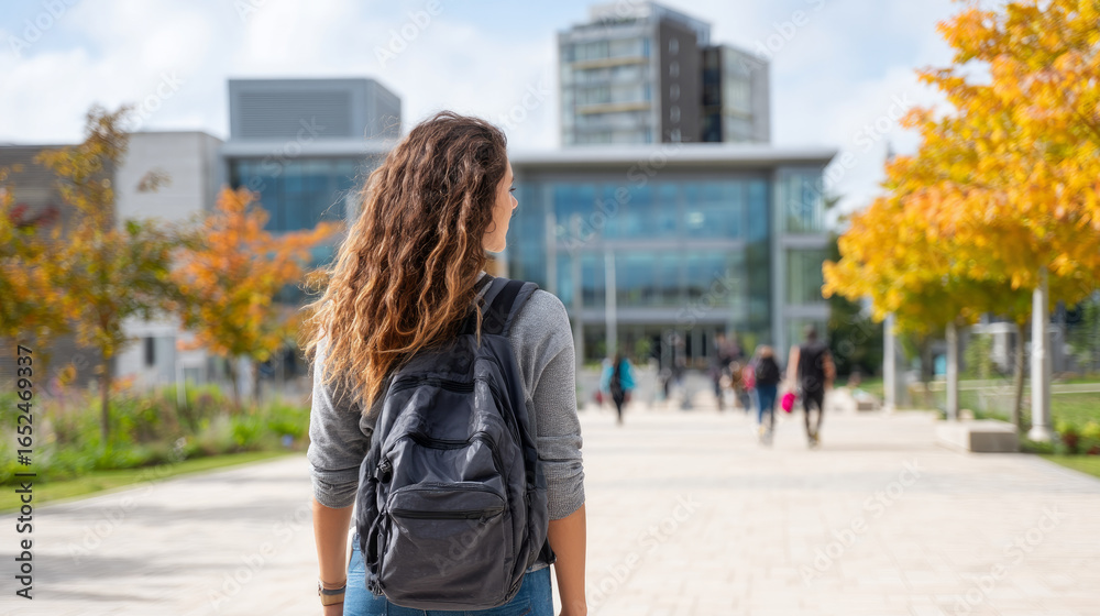 Fototapeta premium A college student walking across campus with a backpack, surrounded by other students and modern university buildings.