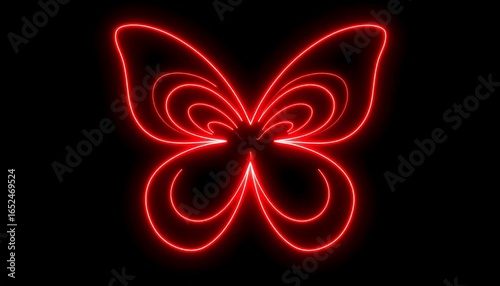 A vibrant, glowing red neon butterfly design, sharply outlined against a deep black background, evokes a sense of energy and style.