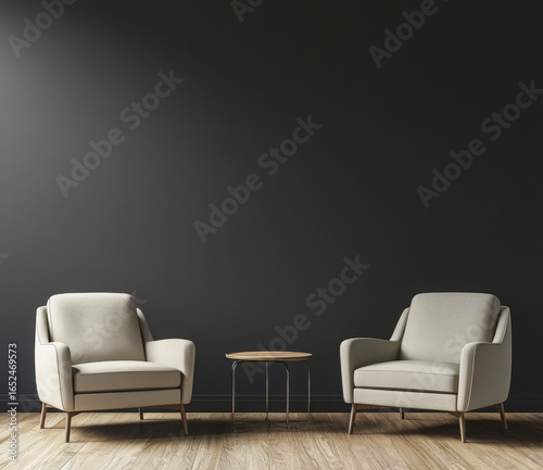 Two Beige Armchairs And A Small Round Coffee Table In A Minimalist Living Room With Dark Gray Walls