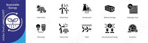 Renewable Energy Glyph Black Silhouette Icon Sheet Design Vector - solar panels, wind farms, geothermal, battery storage, hydrogen fuel, bioenergy, smart grids, tidal power, decentralized systems, and