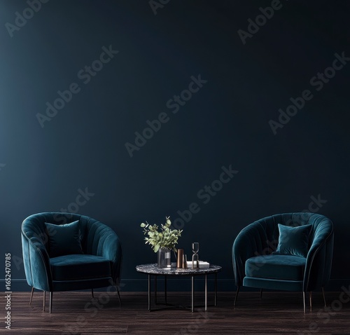 Two Teal Velvet Armchairs And Coffee Table In A Dark Blue Room