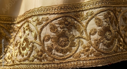 Intricate gold embroidery on ornate fabric detail