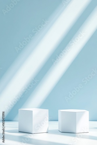 Two White Hexagonal Podiums With Sunlight Shadows On A Light Blue Background