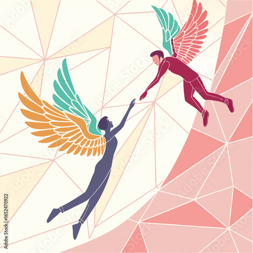 Geometric shaped colorful winged people help for dreams