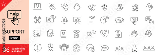 Support related icon collection. Containing help desks, live chat, FAQs, technical support, headset operators, feedback, tools, and service ratings. Vector illustration. Outline icons. Editable stroke