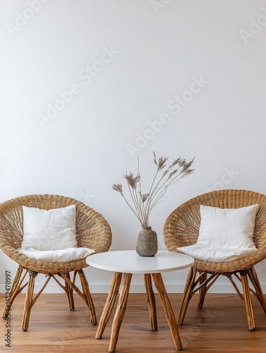 Two Wicker Chairs With White Pillows And Dried Flowers On A Round Table In A Minimalist Interior