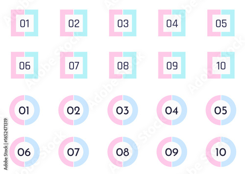 Modern Numbered Icon Set (1-10) with Two-Tone Pastel Design - Square and Circle Bullet Points for Infographics and UI