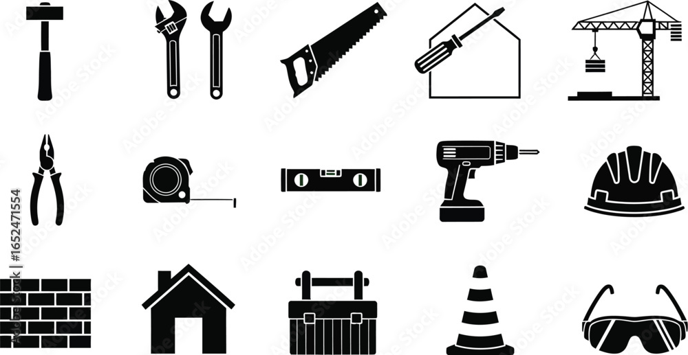 Fototapeta premium Construction tools icon set, vector illustration of hammer, wrench, saw, screwdriver, crane, and other construction equipment