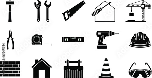 Construction tools icon set, vector illustration of hammer, wrench, saw, screwdriver, crane, and other construction equipment
