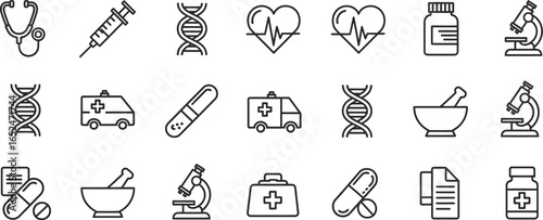 Collection of medical and healthcare icons, including stethoscope, syringe, dna, and ambulance