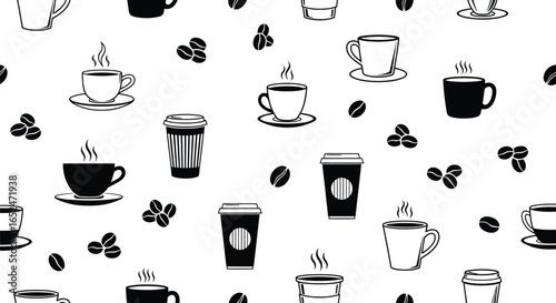 Coffee seamless pattern, cup and bean, hot drink cafe, caffeine beverage shop, breakfast morning energy