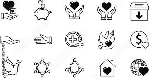 Charity and donation icon set featuring various symbols of love, care, support, and giving for humanitarian causes and fundraising