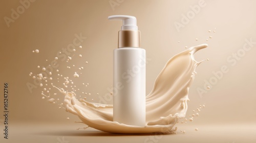 Elegant white skincare pump bottle with gold accents and milky liquid splash, beauty product display for cosmetics branding, luxury packaging, commercial advertisement

