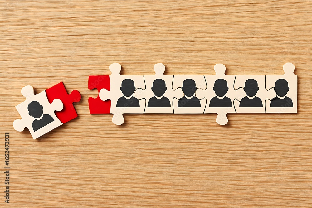 Obraz premium Teamwork and human resources concept with puzzle pieces representing people and a missing piece showing a disconnected individual on a wooden background