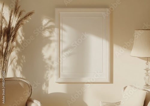 White Frame on Beige Wall with Natural Light and Armchair