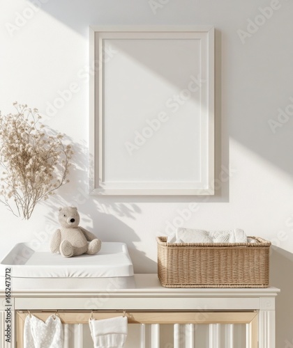 White Nursery Room Decor With Teddy Bear And Baby Supplies